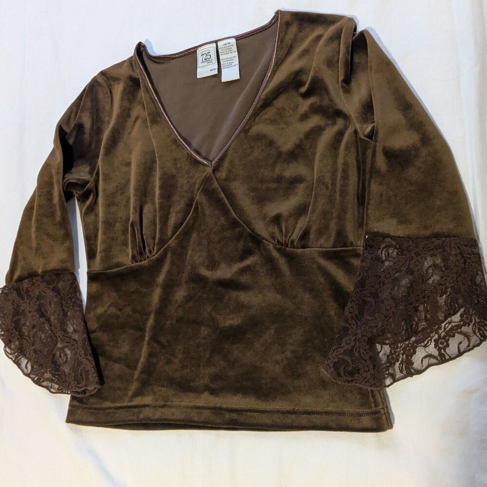 Vintage 725 Originals Chocolate Brown Velvet & Lace Top